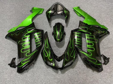 Gloss Black & Green Flame Kawasaki ZX6R Fairings 2007-2008 Outlets