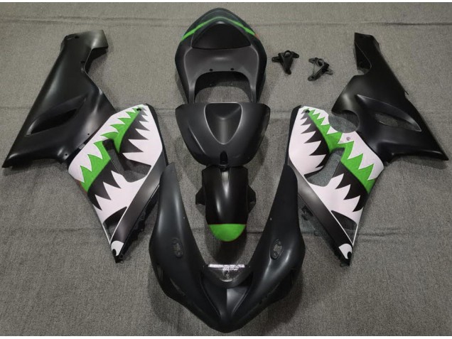 Matte Black and Green Shark Kawasaki ZX6R Fairings 2005-2006 Outlets Matte Black and Green Shark Kawasaki ZX6R Fairings 2005-2006 Outlets