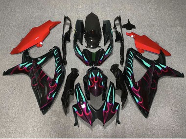 Red and Cyan Flame Suzuki GSXR 600-750 Fairings 2008-2010 Outlets